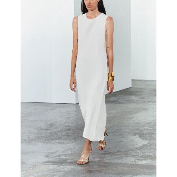 ZARA WOMEN LINEN BLEND MIDI DRESS ZW COLLECTION OYSTER WHITE SMALL 8135/100 - Picture 4 of 16
